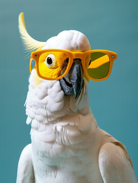 Closeup portrait of white cockatoo parrot wearing sunglasses, domestic pet bird, animal solid pink pastel background, tropical summer vacation concept