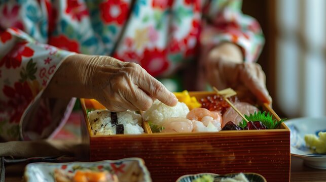japanese woman preparing bento box 