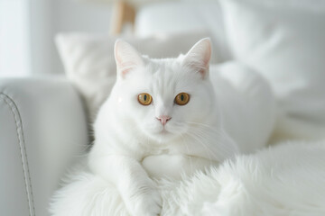 Charming Domestic White Cat With Yellow Eyes and Short Hair Is Lying On White Armchair in the Living Room