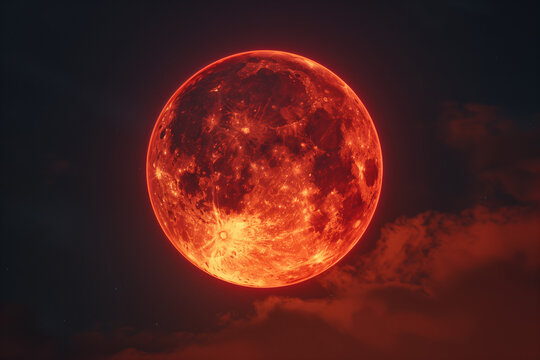 A huge red moon, bloody full moon on the clouds