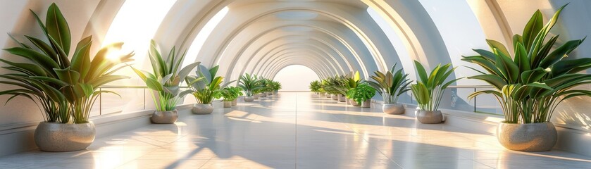 A long hallway with a lot of plants and a lot of sunlight