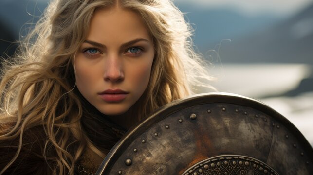 Fierce female warrior with shield
