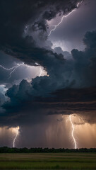 Nature's Drama, Dark Storm Clouds Clash with Brilliant Lightning, Revealing the Sun's Radiance Amidst the Darkness
