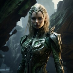 Futuristic warrior woman in alien armor