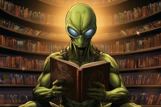 alien reading book in futuristic library