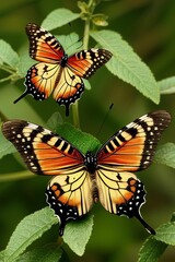Two butterflies perched on a plant leaf, interacting as pollinators in nature