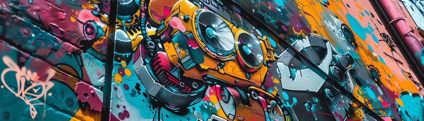 Capture a high-angle view of cyberpunk street art