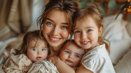 Joyful Mother's Day Celebration: Cozy Neoclassical Room with Floral Decorations and Golden Lighting, Mother and Baby Laughing, Gratitude Theme, High-Definition