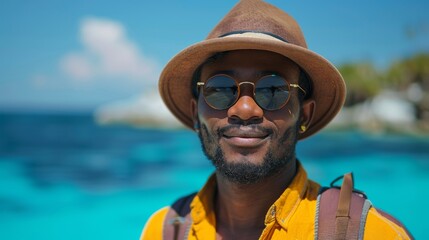 Young black african american male tourist in hat, sunglasses and backpack vacationing at the seaside, vacation under the sea, lifestyle, generated by AI，Joyful African American Young Male Tourist