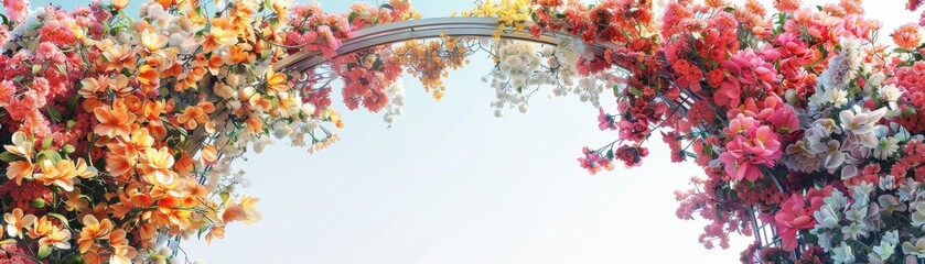 A colorful archway of flowers with a white background