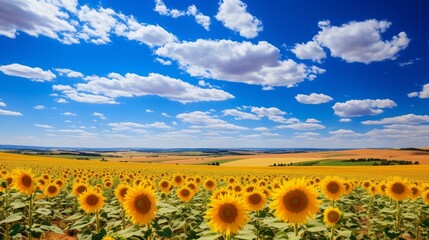 Obraz premium Vibrant sunflower field under a blue sky with fluffy clouds