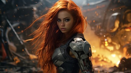 Fototapeta premium Fierce female warrior with fiery red hair in combat gear