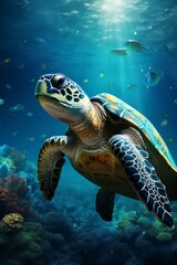 Majestic sea turtle swimming in vibrant underwater world