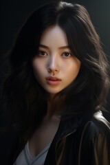Fototapeta premium Mysterious asian woman in dark clothing