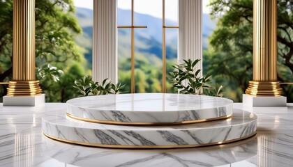 table setting for a dinner, "Elegant Marble Podium: Elevate Your Product Showcase"