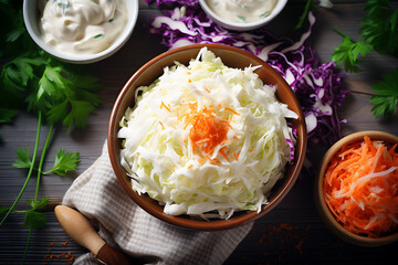 Traditional coleslaw salad with carrot, parsley and mayonnaise
