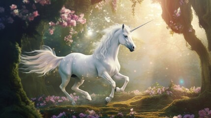 Naklejka na ściany i meble Majestic unicorn in enchanted forest