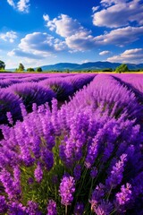 Fototapeta premium Stunning lavender field landscape with mountains in the background