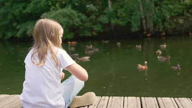 Teenage girl sitting on the bridge of a pond and feeding ducks and pigeons. Walks in the park by the water with children.