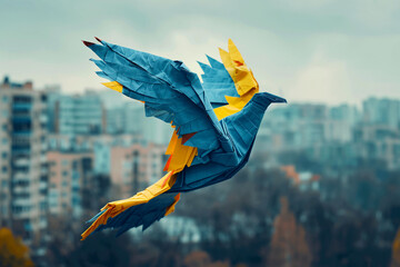 origami dove or bird in the ukranian national colours or flag flying over a destroyed and abandoned city, concept for peace, war and armed conflict