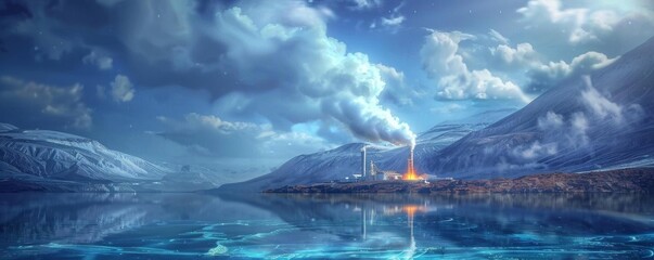 A beautiful winter landscape with a factory on the shore of a frozen lake