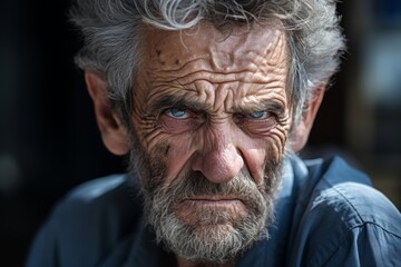 Close-up portrait of an elderly man with a weathered face and piercing blue eyes