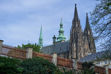Saint Vitus kathedral in Prague castle, picture is taken from garden under the castle in sunny...