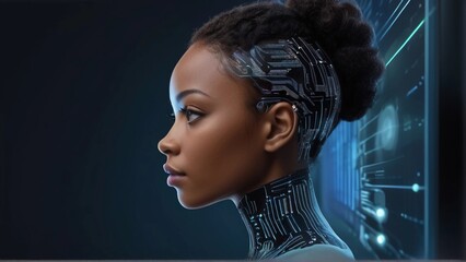 AI cyber security threat illustration, black african American female IT specialist analyzing data information technology, augmented reality artificial intelligence collage, side profile, copy space, 