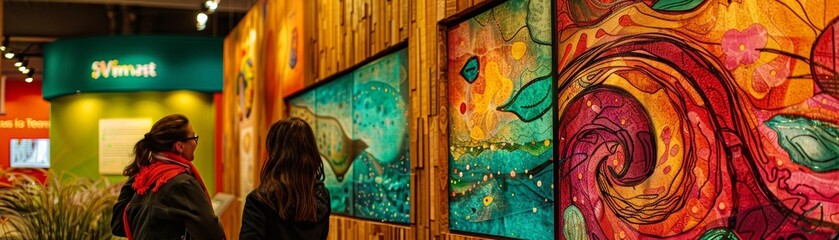 Fototapeta premium Two women looking at a colorful mural of a forest. The mural is made of wood and has a 3D effect. The women are wearing jackets and have their hair down.