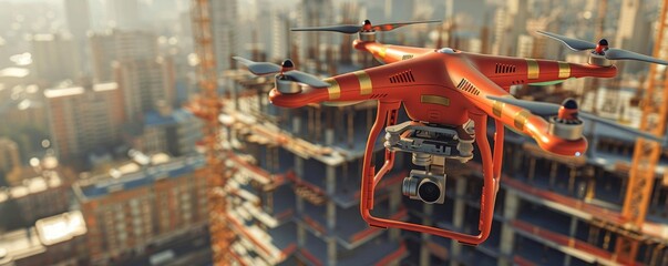 A red drone is flying over a construction site. The drone is taking pictures of the construction site. The drone is being used to monitor the progress of the construction project.