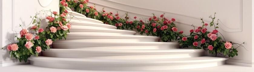 A white staircase with pink flowers on it