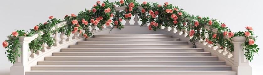 A white staircase with pink flowers on it