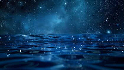 blue water surface with ripples and stars in the sky, creating an ethereal atmosphere