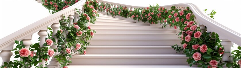 A white staircase with pink flowers growing on it