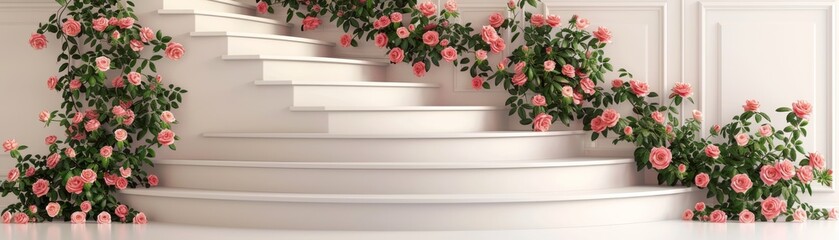 A staircase with pink flowers on it