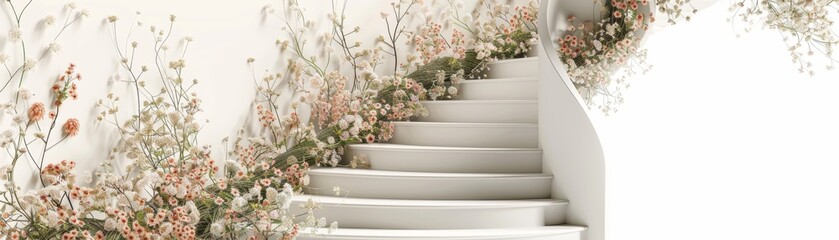 A white staircase with flowers on it