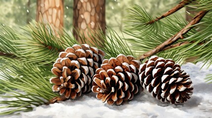 Fototapeta premium pine cones and branches in snowy forest