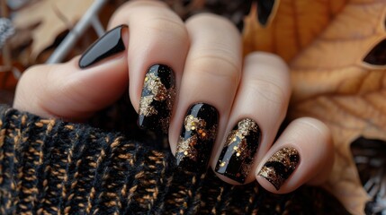 Beautiful nails polish manicure with golden sequins texture. Generated AI image