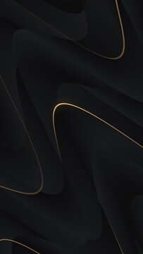 Abstract luxury background with golden wavy curve lines on black background. Gold swirl shine glitter design. Premium gradient banner. Modern dark royal BG. Steel glowing 3d dynamic mesh frame