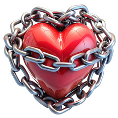 Red heart in chains closeup on a background of dirty old wall