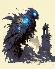 A mystical depiction of a Zombie Peacock casting a shadow over ancient ruins, with subtle hints of bioluminescence in its feathers, blending elements of horror and fantasy , monochromatic charming 