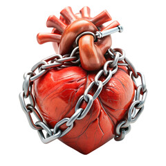 Red heart in chains closeup on a background of dirty old wall