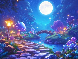 An artistic portrayal of a Candy Forest under a full moon, with the glow reflecting off crystal sugar paths and shimmering jelly bean bushes, ideal for mystical and nocturnal scenes , high detailed