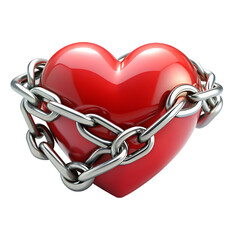 Red heart in chains closeup on a background of dirty old wall