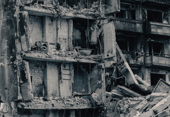 destroyed and burned houses in the city Russia Ukraine war