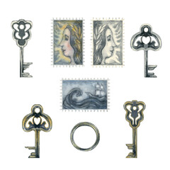 Silver and gold keys and old stamps from an antique writing set. Watercolor illustration for design template for wedding, Valentine's Day, Historical Knowledge Day, antique store, scrapbooking