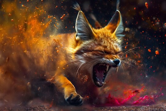 A Fennec fox in full roar, charging forward with a fierce expression. Captured in a dynamic colours. Splashes and splatters around the fennek suggest its swift movement and wild energy