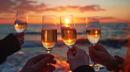 Celebration of a team achieving a milestone with champagne at sunset