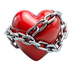 Red heart in chains closeup on a background of dirty old wall