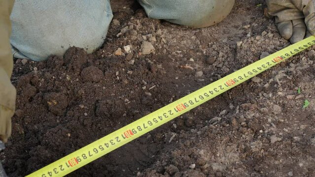 Spring seasonal garden work. Gardener measures the width of the bed with a tape measure to plan the work of planting flowers. Slow motion 50fps 4k video.